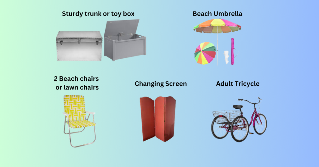 Sturdy trunk or toy box, a beach umbrella, 2 beach chairs or lawn chairs, a changing screen, and an adult tricycle are needed for stage props for our upcoming Frozen musical