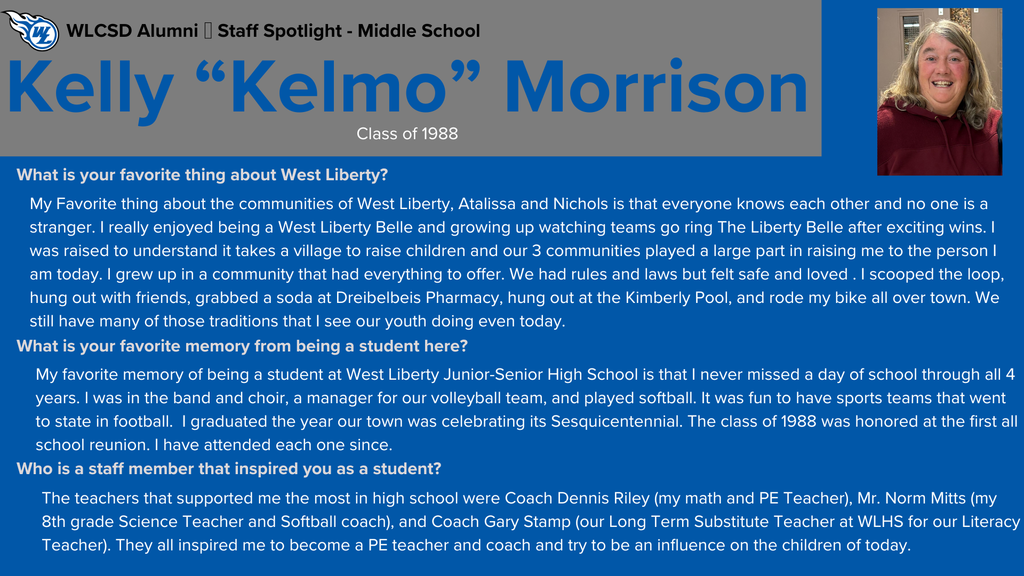 Today's West Liberty Way Back Wednesday features Kelly "Kelmo" Morrison, middle school PE teacher! #WLWBW