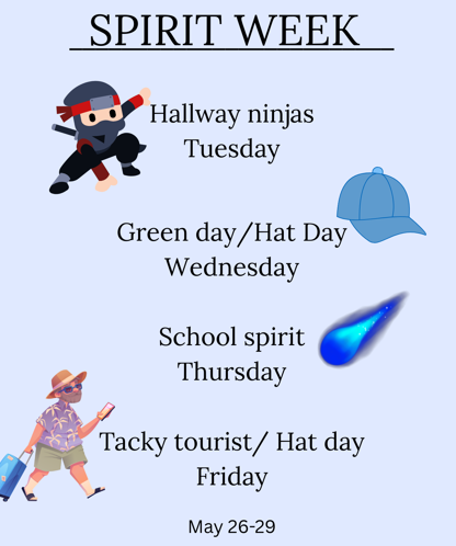 Reminder to everyone at the middle school, it is the last dress up week of the school year! Please join to raise awareness for Mental Health!