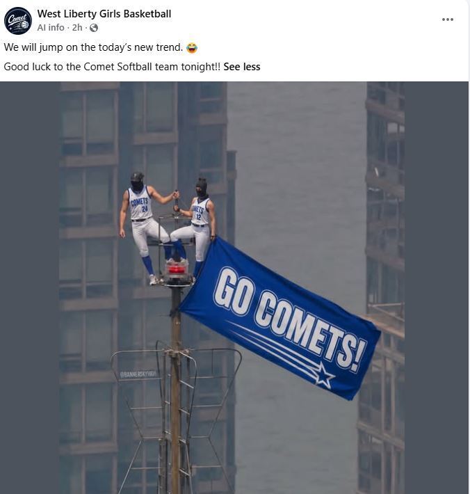 West Liberty Girls Basketball Facebook Post featuring Comet Softball players standing on the very top of the Sears Tower holding a Go Comets flag.  Their post reads "We will jump on today's new trend. Good luck to the Comet Softball team tonight!!"