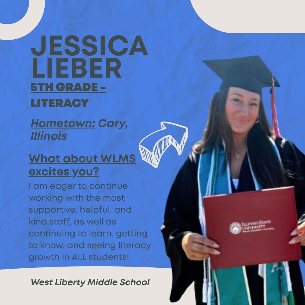 New middle school staff spotlight! Please welcome Jessica Lieber, our new 5th grade literacy teacher!