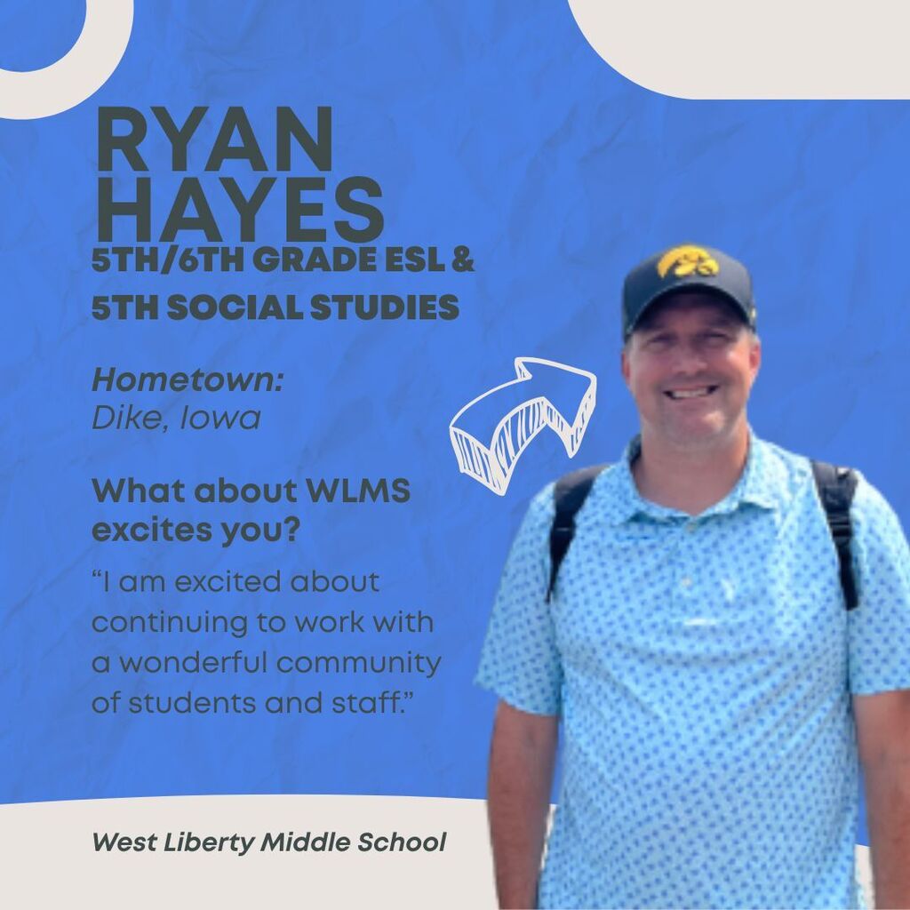 New middle school staff spotlight! Please welcome back to our building, Ryan Hayes, as our new 5th/6th grade ESL and 5th grade social studies teacher!