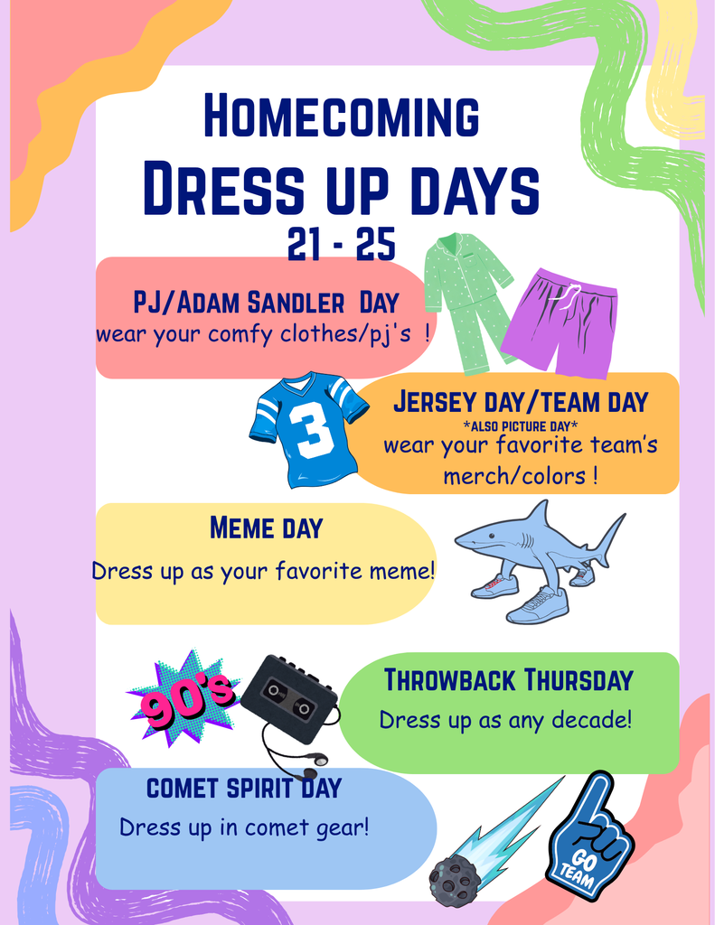 Next week is HOMECOMING WEEK! Here are the middle school dress up days!