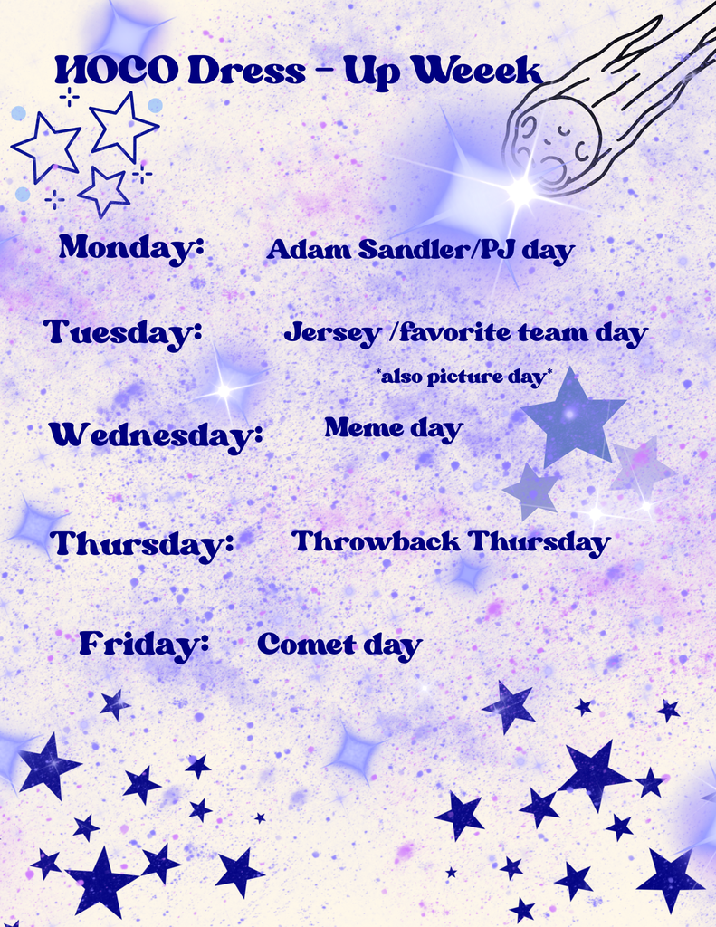 Reminder, next week is HOMECOMING WEEK! Here are the middle school dress up days! 