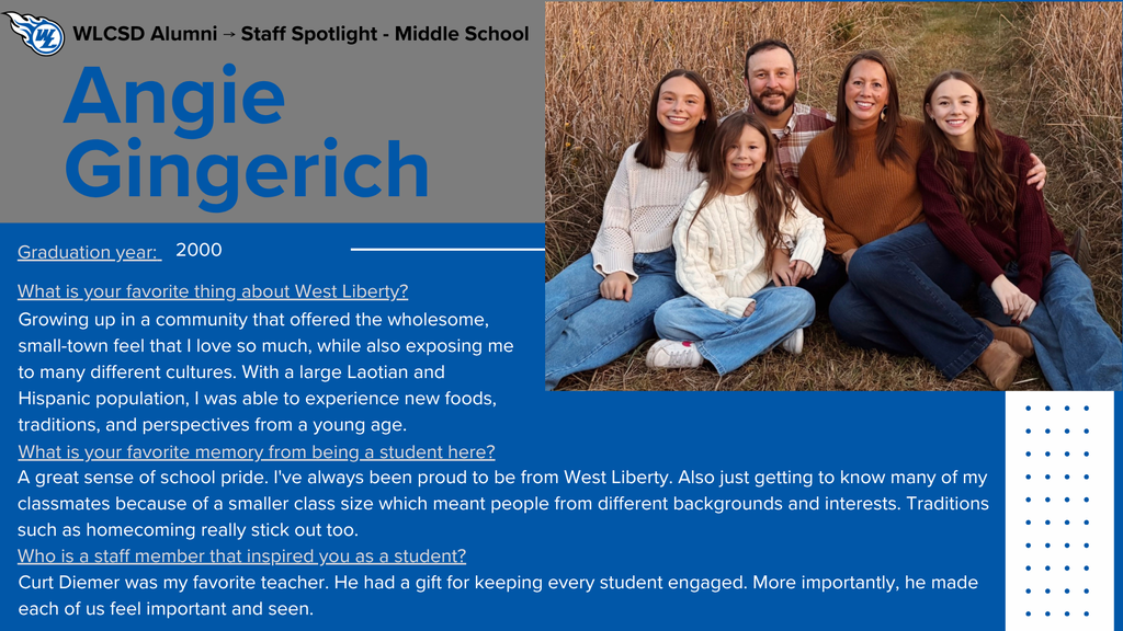 Today's West Liberty Way Back Wednesday features Angie Gingerich, one of our amazing middle school secretaries!! #WLWBW