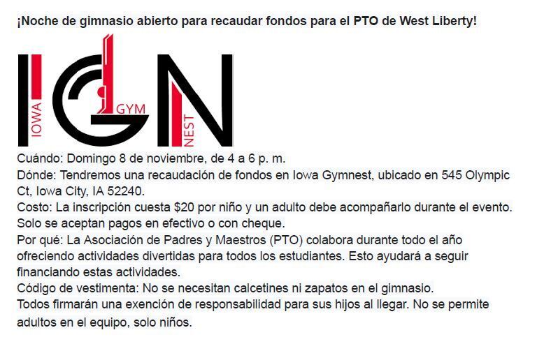 11-8-26 Iowa Gym Nest PTO Fundraiser Info Spanish