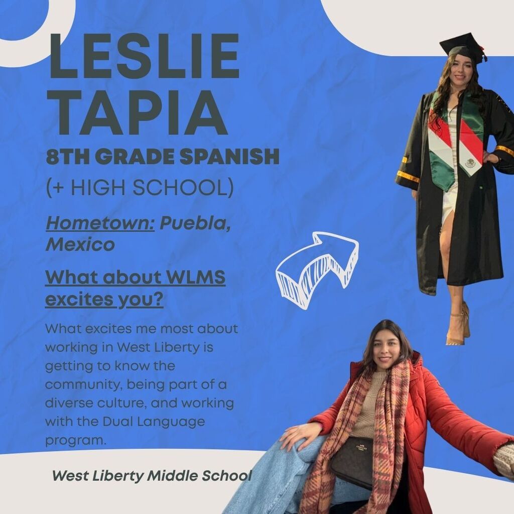 New middle school staff spotlight! Please welcome to our building, Leslie Tapia, as our new 8th grade Spanish Literacy teacher!