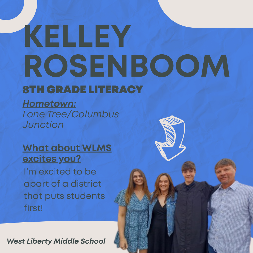 New middle school staff spotlight! Please welcome to our building, Kelley Rosenboom, as our new 8th Grade Literacy teacher!