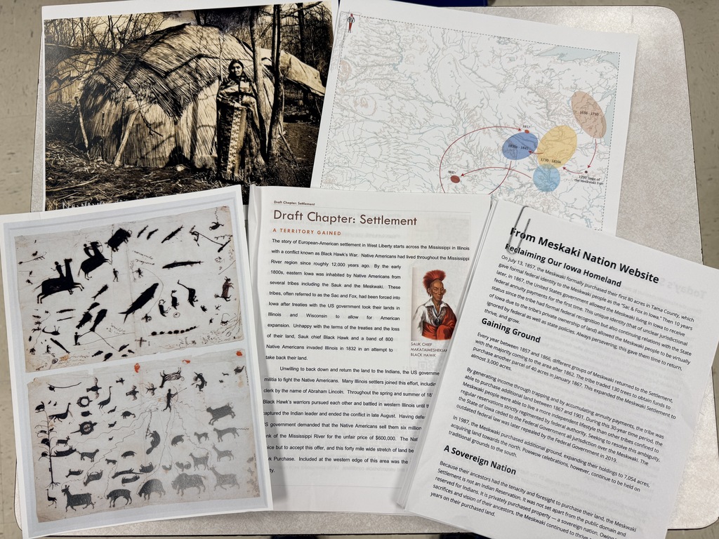 Students in Mr. Stevenson’s class recently wrapped up a new short unit he developed about the past, present, and future of the Meskwaki in Iowa. They considered and discussed primary and secondary sources to learn about the only federally recognized Native American nation in Iowa today