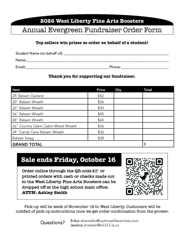 2026 West Liberty Fine Arts Boosters Annual Evergreen Fundraiser Flier Page 2