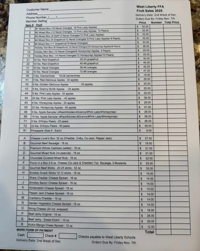 2025 FFA Fruit, Meat, and Cheese Price List