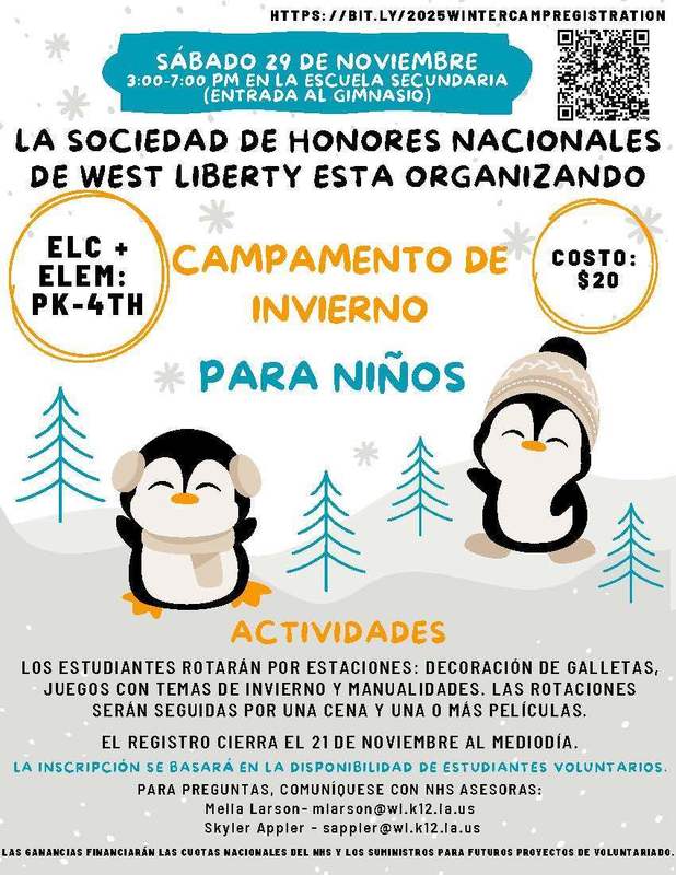 2025 NHS Kids Winter Camp Registration Flyer - Spanish