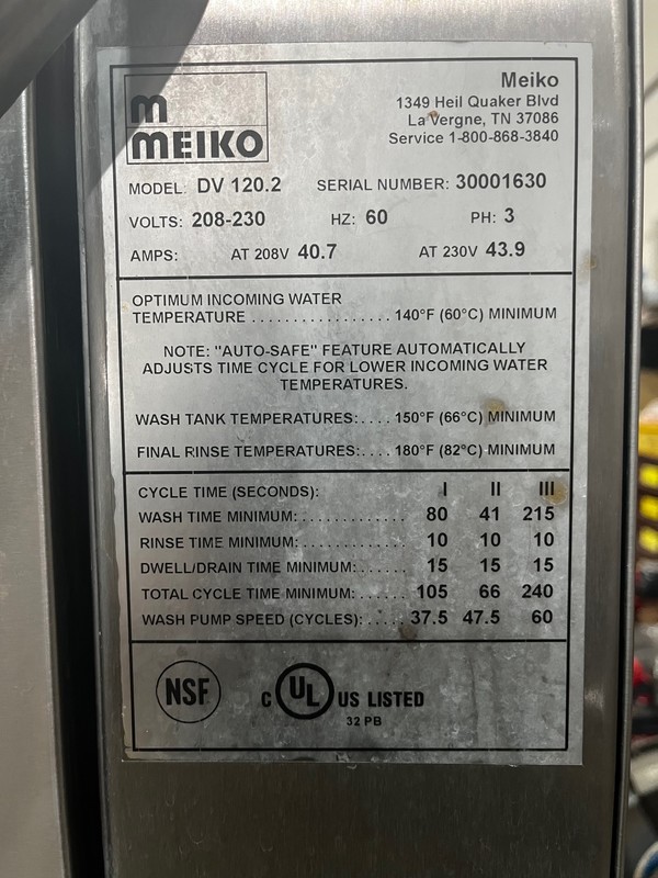 Model and Serial Number plate on the Meiko Dishwasher