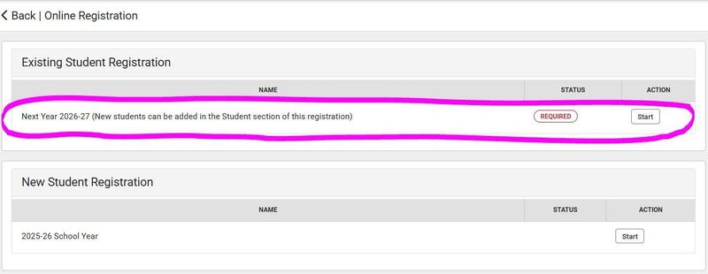 Existing Student 2026-27 Registration Selection Example
