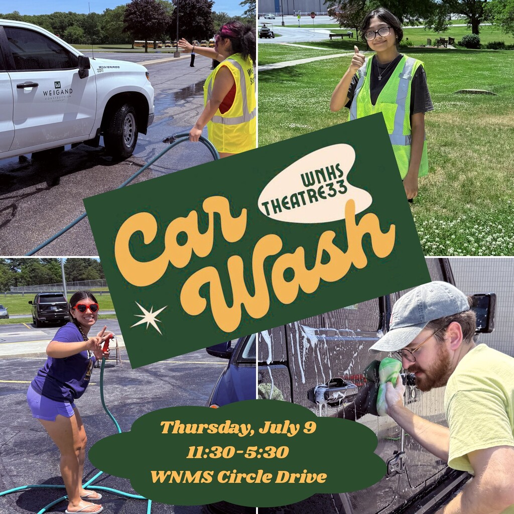 a grid of four photos with people washing cars and information