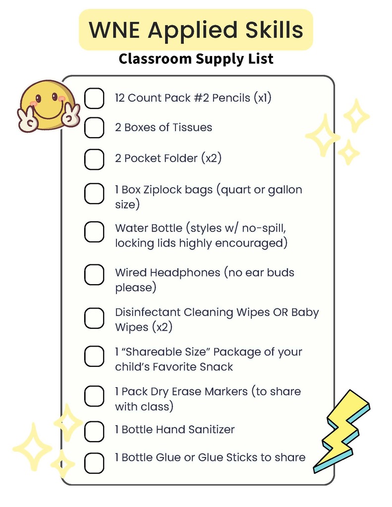 school supply checklist for West Noble Elementary Applied Skills