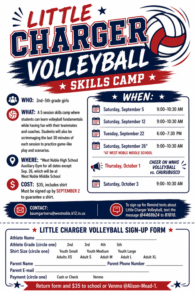 flier for a volleyball camp with blue and red graphics