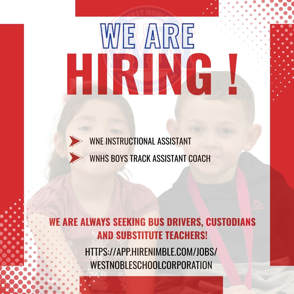 west noble hiring graphic with red and white letters with two kids in the background