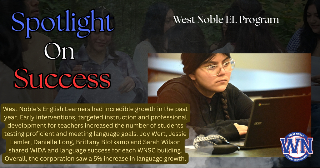 a graphic with a student on a computer, wording about the EL program and red, white and blue wording at the top
