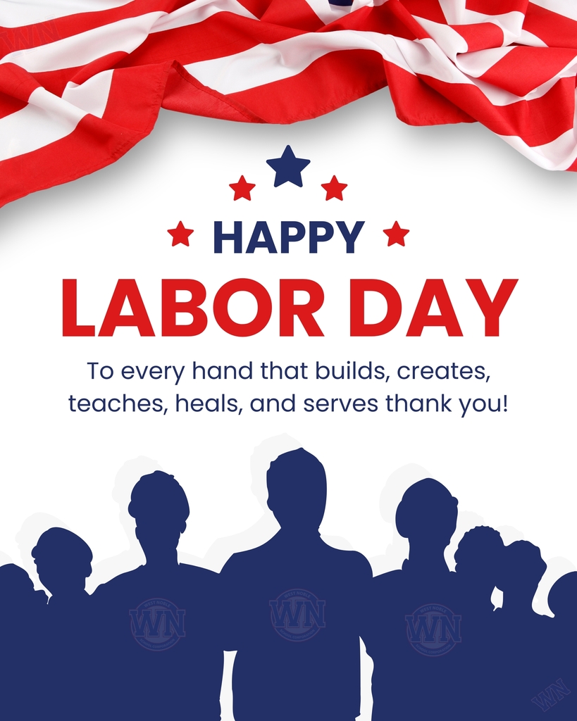 labor day graphic with blue silohuettes and a red and white flag