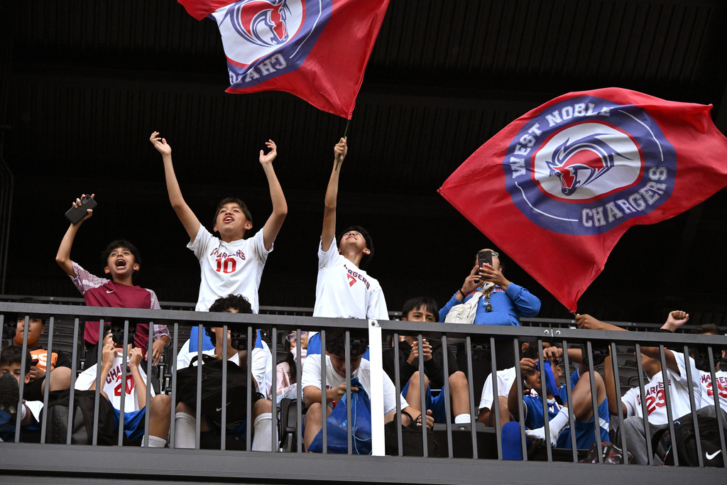 boys watching soccer waving flags