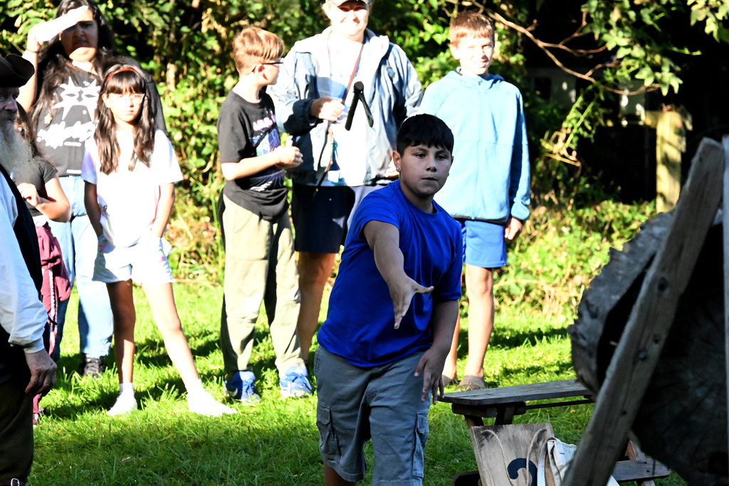 a boy in blue throwing an axe