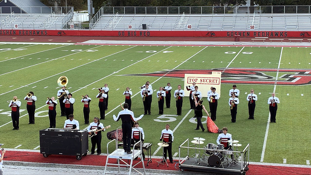 a band playing on a football field