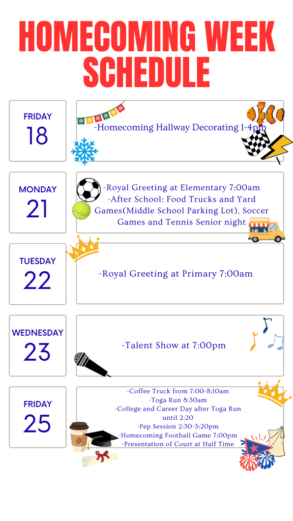 homecoming activities schedule in block form