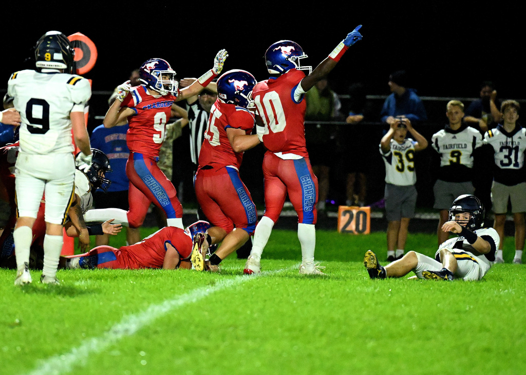 football players in red gesturing on the field