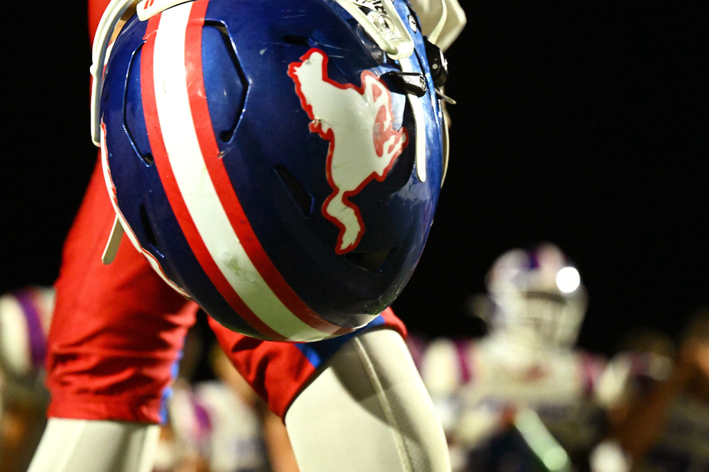 a blue helmet with a horse on it and red stripes