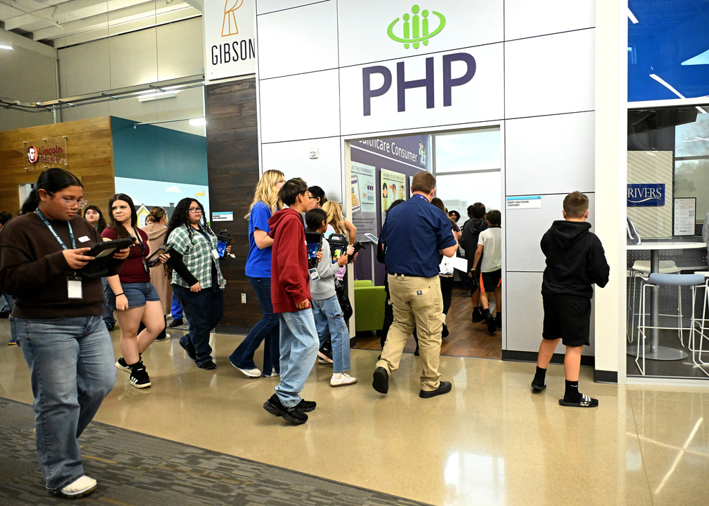 students walking a work setting