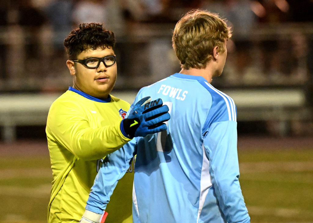 two goalies exchanging pleasantries