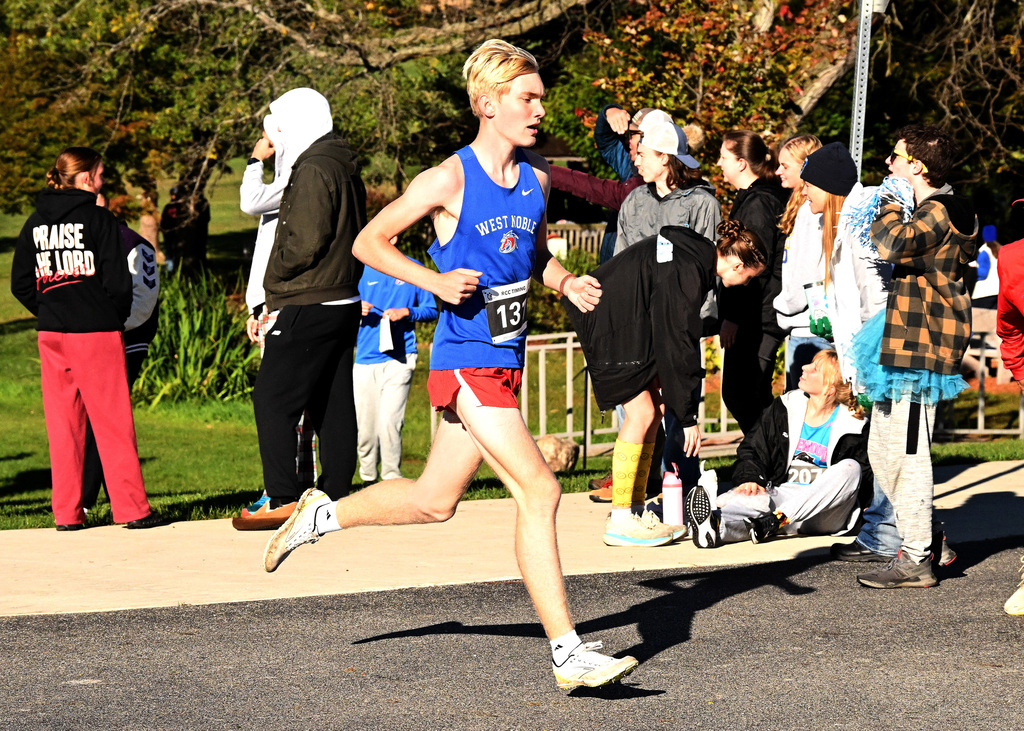 a boy running on a cross country course