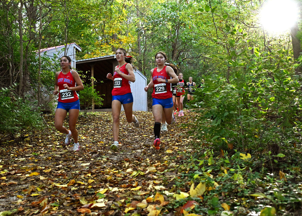 girls running on a cross country course