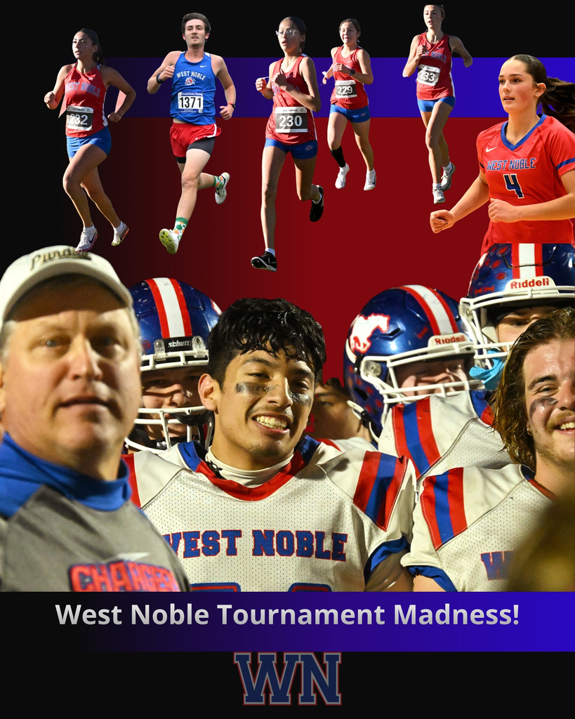 a mosaic of west noble athletes running, volleyball and football