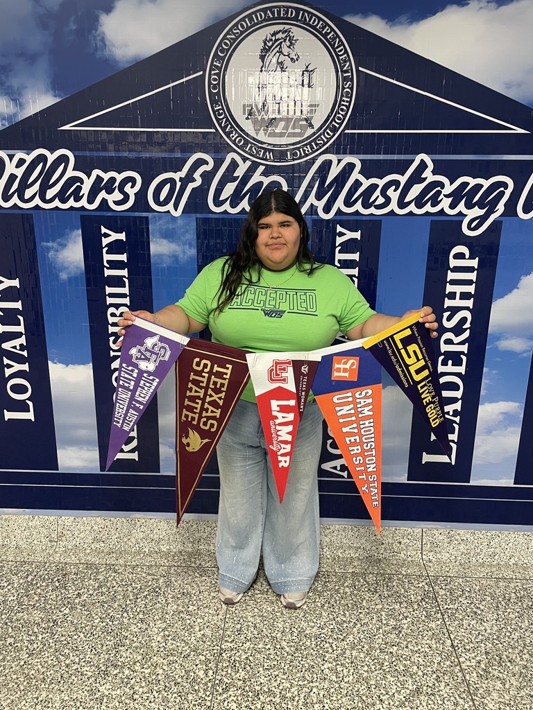 Alexa Tovar  Intended Major: Nursing  Accepted to: SFA, Hawaii Pacific University, Sam Houston State University, Louisiana State University, Lamar University, Texas State University, Texas Women's University