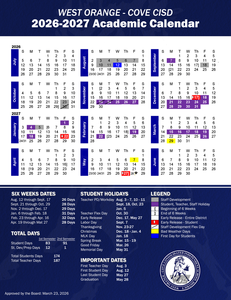 WOCCISD 2026-2027 Academic Calendar