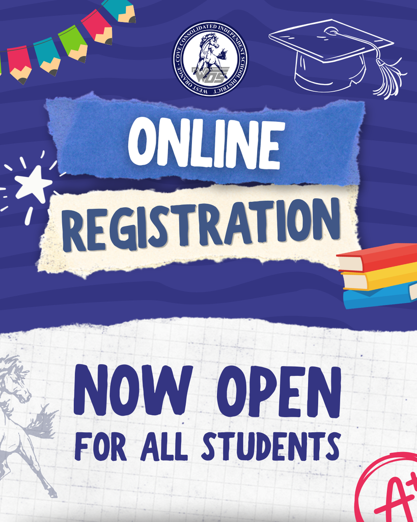 Blue and White Flyer with Academic Icons: WOCCISD Online Registration Now Open for All Students