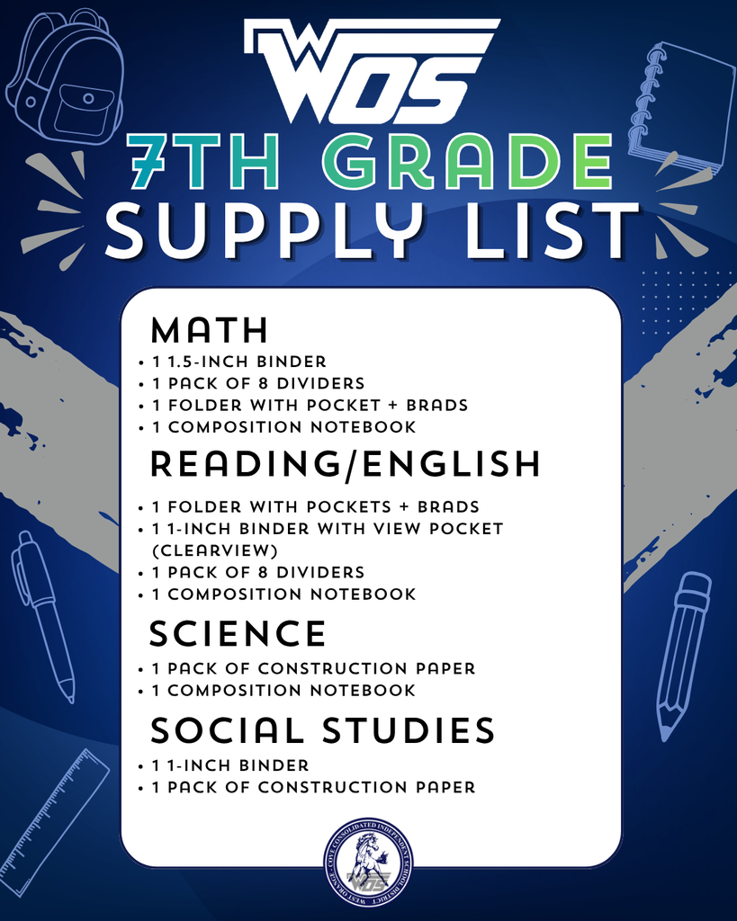 2026-2027 7th Grade School Supply List