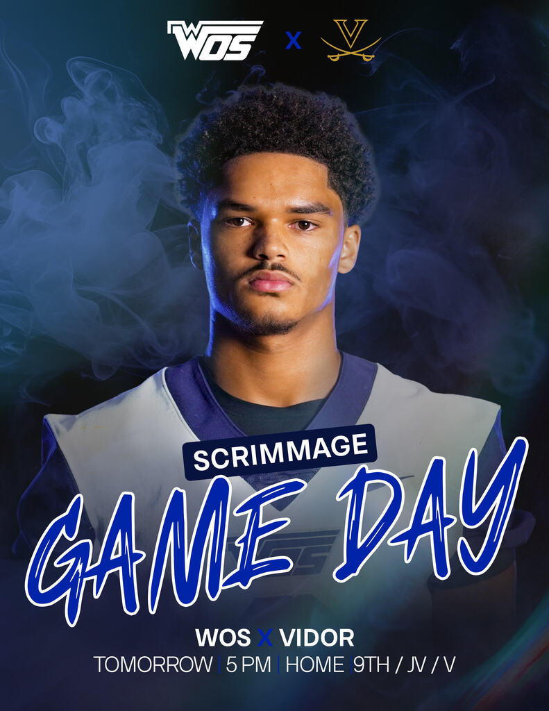 Graphic with football player in gray jersey advertising football scrimmage