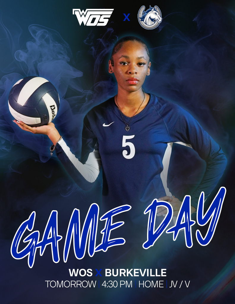 Graphic with volleyball player in blue jersey holding blue and white volleyball advertising WOS v Burkeville volleyball game.