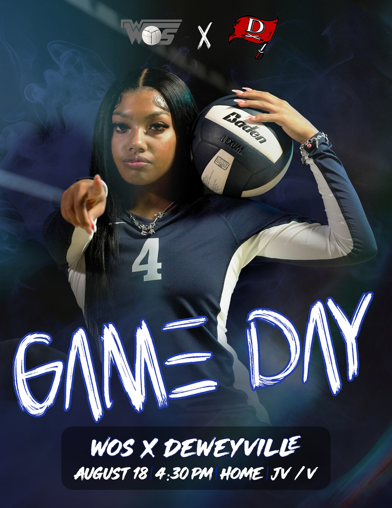 Image of volleyball player holding volleyball on her should with text that says "Game Day"