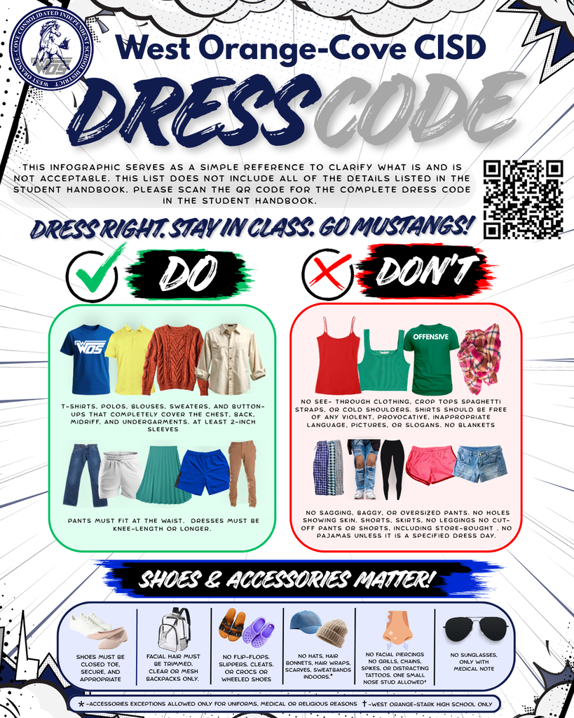 Graphic with various articles of clothing illustrating WOCCISD dress code