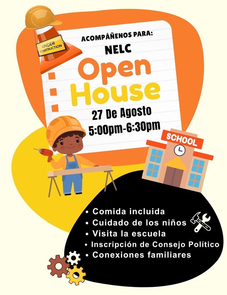 Colorful construction themed graphic advertising NELC Open House in Spanish
