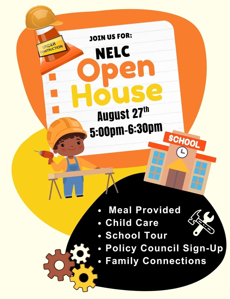 Colorful construction themed graphic advertising NELC Open House in English