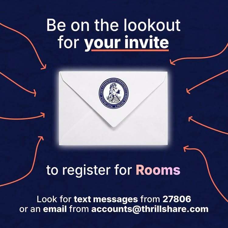 Blue graphic with white envelop and orange arrows instructing parents to register for Rooms