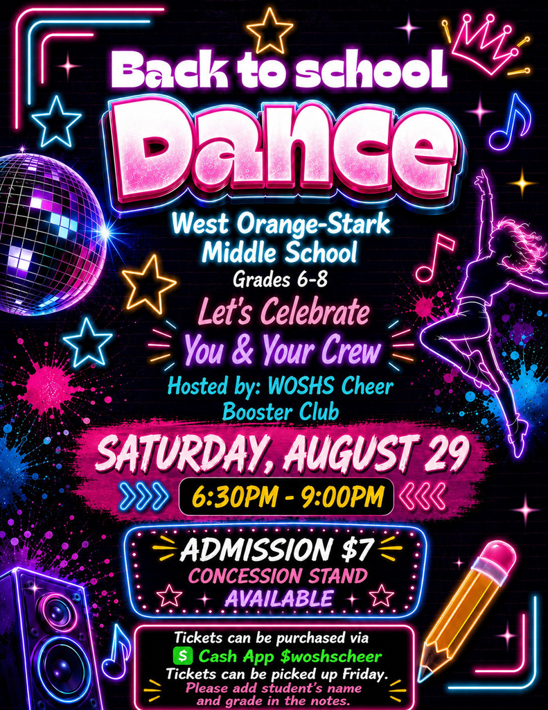 Graphic with neon colors and lettering, inviting the WOSMS Stallions to a Back to School Dance on August 29 from 6:30 p.m. - 9:00 p.m.