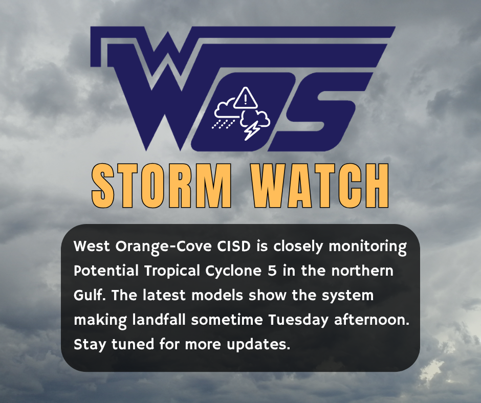 Graphic with gray cloud background, yellow text that says storm watch and blue WOS logo. Caption is informing the community of a potential tropical cyclone on the Texas coast.