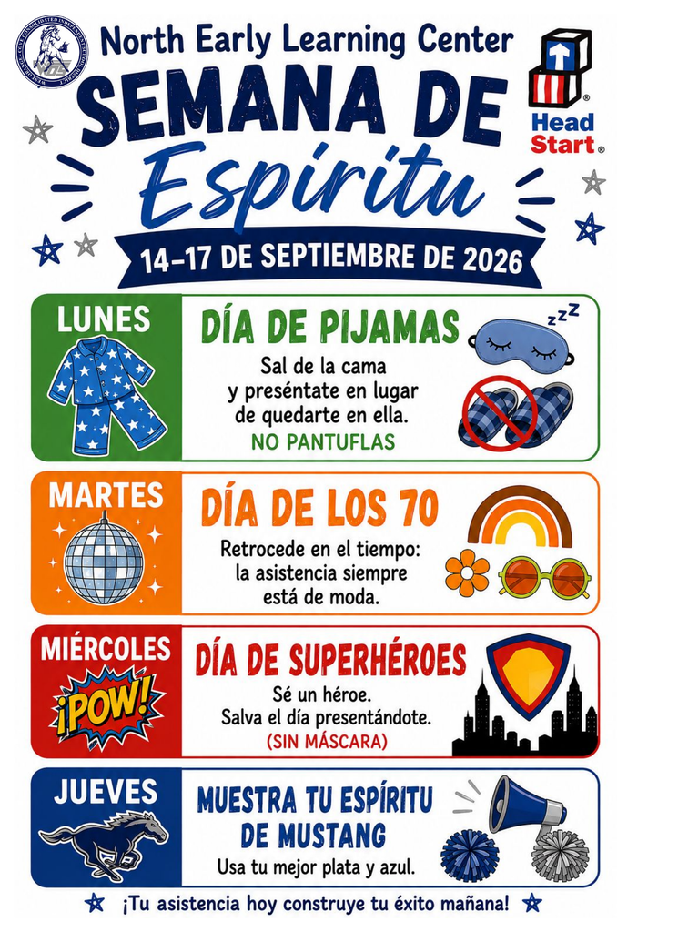 Spirit Week Attendance Flyer for North Early Learning Center Spanish