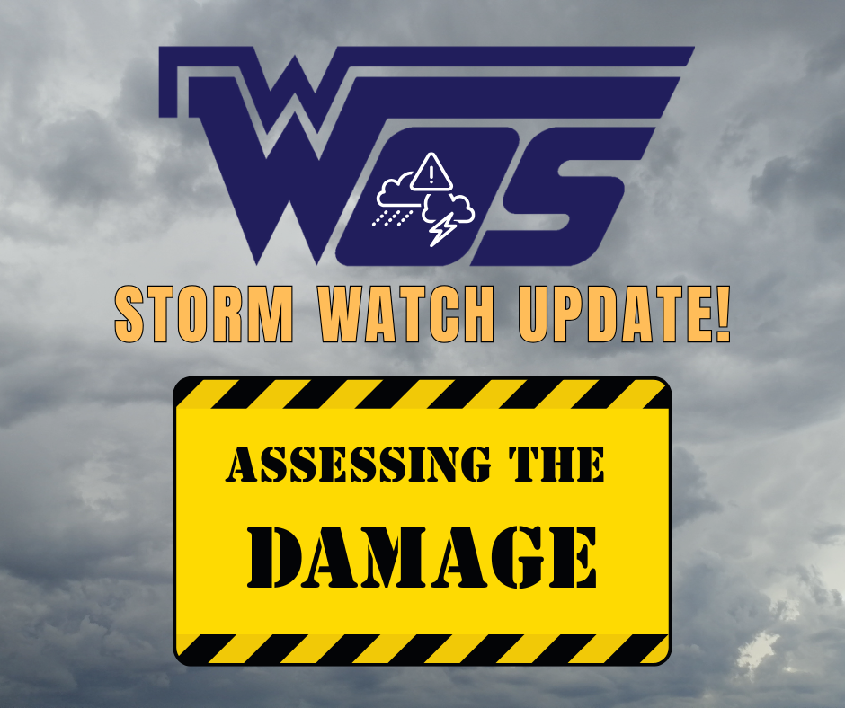Storm Graphic with black and yellow construction sign and blue WOS logo